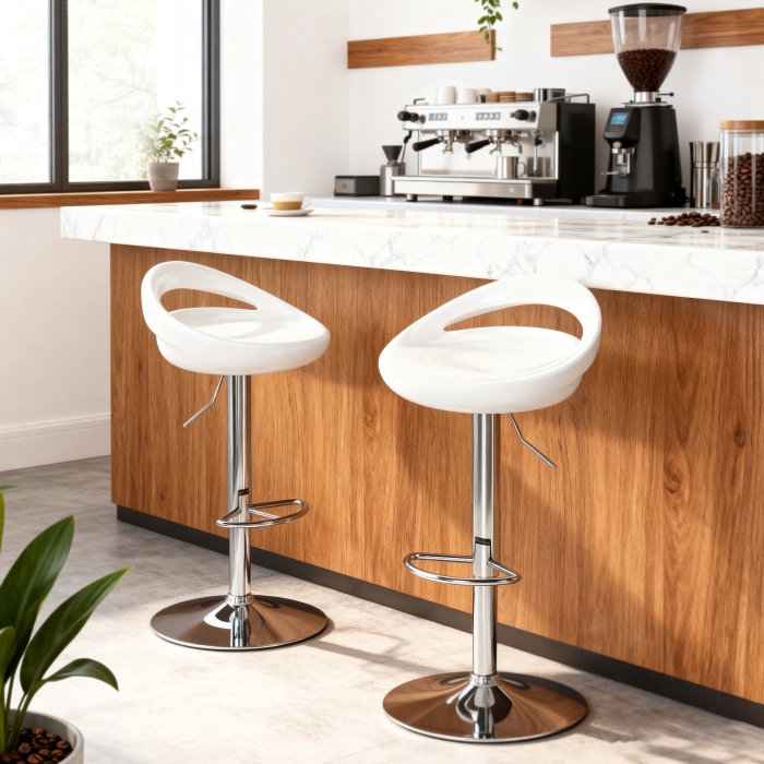  Set 2 Scaune de Bar Rotative cu Suport pentru Picioare si inaltime Reglabila, 46x41x76-96 cm, Alb [8]