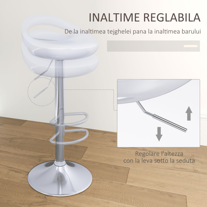  Set 2 Scaune de Bar Rotative cu Suport pentru Picioare si inaltime Reglabila, 46x41x76-96 cm, Alb [4]