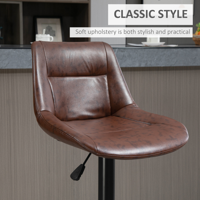  Set 2 Scaune de Bar Vintage din Piele Sintetica Maro cu Suport pentru Picioare si Baza Rotunda, 46,5x50x88-108 cm [6]