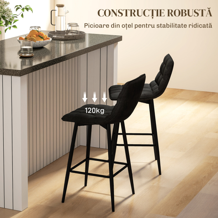  Set 2 Scaune de Bucatarie Stil Nordic din Material Textil cu Efect de Catifea si Metal, 45x47x84 cm, Negru [6]