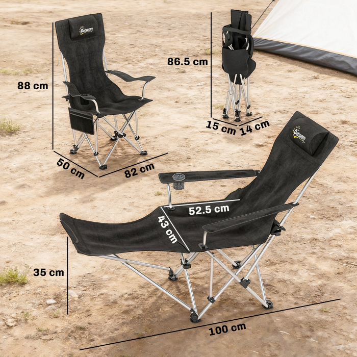  Set 2 Scaune de Camping Pliabile cu Suport pentru Picioare Detasabil si Suport pentru pahare, 82x50/100x88 cm, Negru [3]