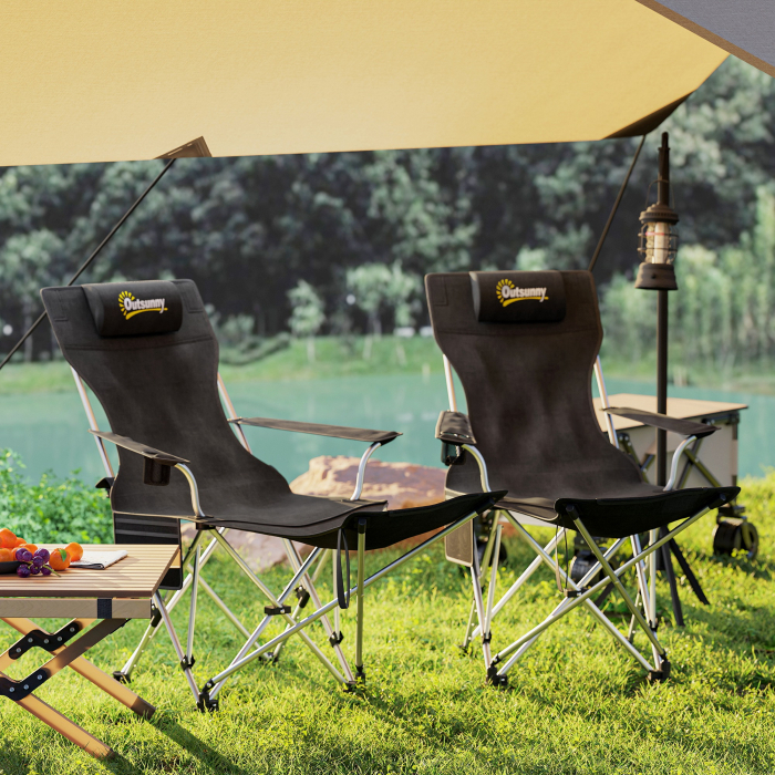  Set 2 Scaune de Camping Pliabile cu Suport pentru Picioare Detasabil si Suport pentru pahare, 82x50/100x88 cm, Negru [7]