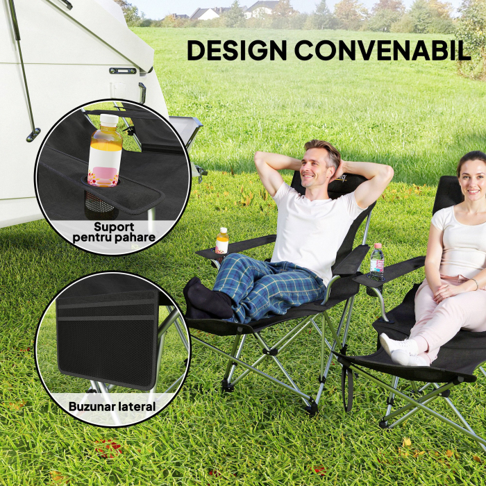  Set 2 Scaune de Camping Pliabile cu Suport pentru Picioare Detasabil si Suport pentru pahare, 82x50/100x88 cm, Negru [5]