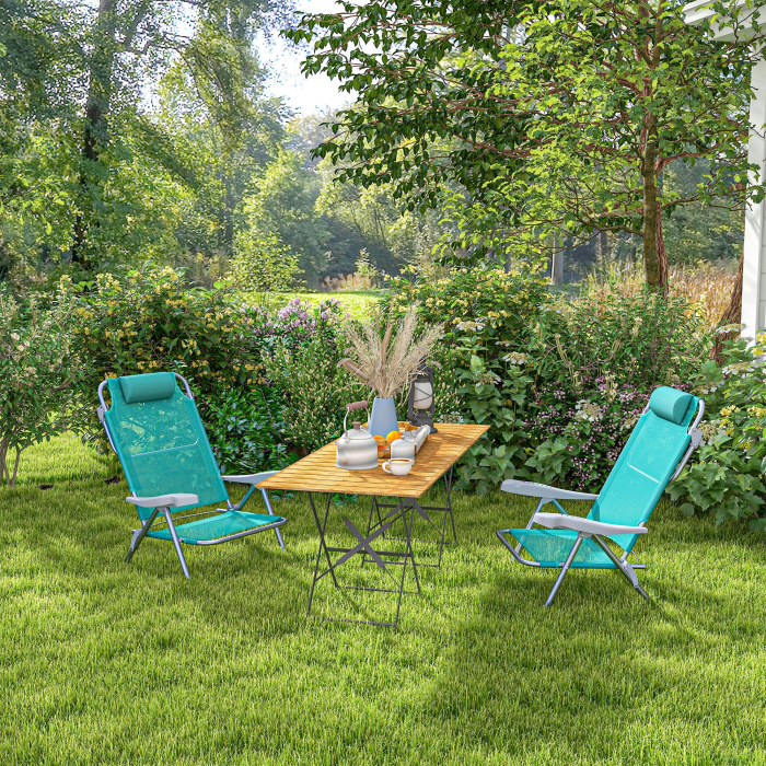  Set 2 Scaune de Camping Pliabile cu Tetiera Captusita si Spatar Reglabil in 6 Pozitii, 62x65x80 cm, Albastru [8]