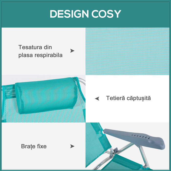  Set 2 Scaune de Camping Pliabile cu Tetiera Captusita si Spatar Reglabil in 6 Pozitii, 62x65x80 cm, Albastru [6]