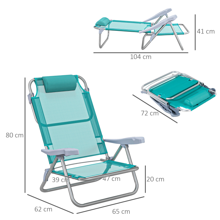  Set 2 Scaune de Camping Pliabile cu Tetiera Captusita si Spatar Reglabil in 6 Pozitii, 62x65x80 cm, Albastru [3]