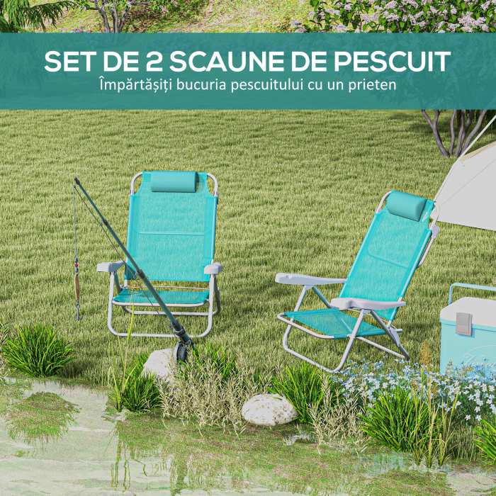  Set 2 Scaune de Camping Pliabile cu Tetiera Captusita si Spatar Reglabil in 6 Pozitii, 62x65x80 cm, Albastru [4]