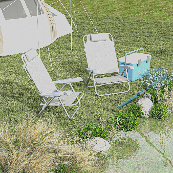  Set 2 Scaune de Camping Pliabile cu Tetiera Captusita si Spatar Reglabil in 6 Pozitii, 62x65x80 cm, Gri Deschis [2]