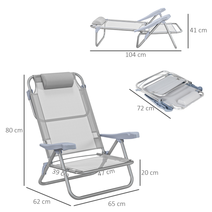  Set 2 Scaune de Camping Pliabile cu Tetiera Captusita si Spatar Reglabil in 6 Pozitii, 62x65x80 cm, Gri Deschis [3]