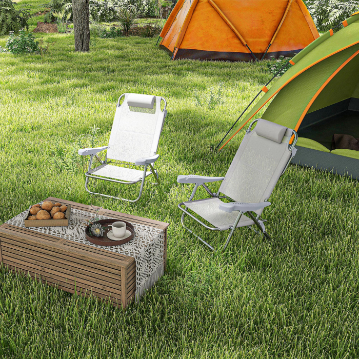  Set 2 Scaune de Camping Pliabile cu Tetiera Captusita si Spatar Reglabil in 6 Pozitii, 62x65x80 cm, Gri Deschis [9]