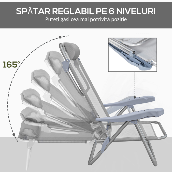  Set 2 Scaune de Camping Pliabile cu Tetiera Captusita si Spatar Reglabil in 6 Pozitii, 62x65x80 cm, Gri Deschis [5]