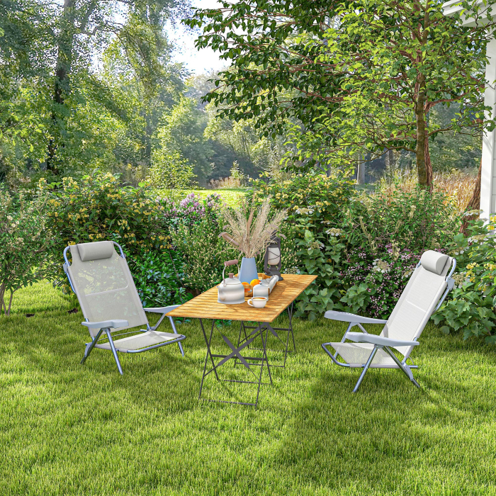  Set 2 Scaune de Camping Pliabile cu Tetiera Captusita si Spatar Reglabil in 6 Pozitii, 62x65x80 cm, Gri Deschis [8]