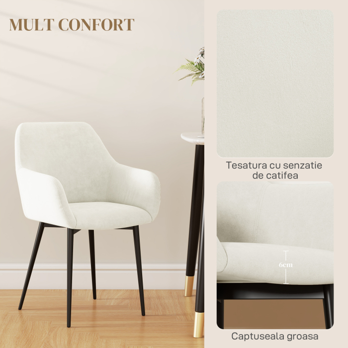  Set 2 Scaune de Dining Tapitate in Stil Nordic cu Brate si Picioare din Otel, 54x57x80 cm, Alb Crem [5]