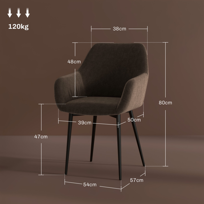  Set 2 Scaune de Dining Tapitate in Stil Nordic cu Brate si Picioare din Otel, 54x57x80 cm, Maro [3]
