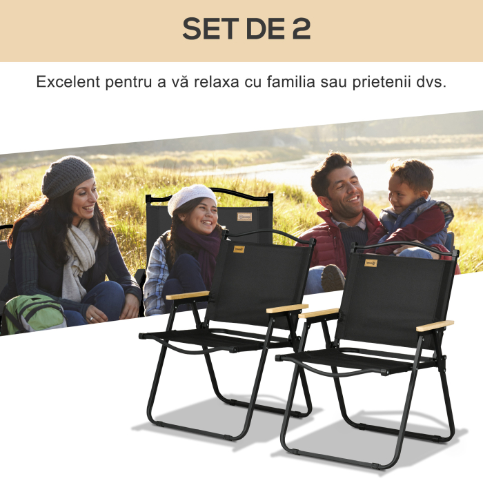  Set 2 Scaune de Exterior Pliabile cu Brate din Material Textil Oxford si Otel, Negru [4]