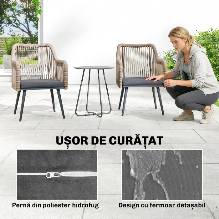  Set 2 Scaune de Gradina din Ratan PE cu Perne Moi Lavabile si Brate, Scaune pentru Dining Exterior din Otel, pentru Terasa, Balcon, Gradina, Exterior, 54x65x80cm, Gri inchis [7]