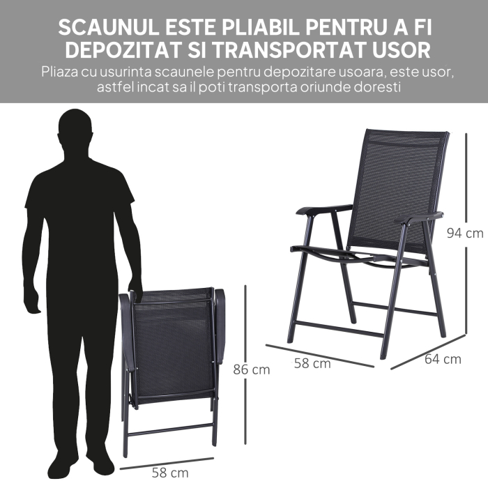  Set 2 Scaune de Gradina Pliabile cu Cotiere, Scaune pentru Pranz in Exterior din Metal si Texteline, pentru Terasa, Balcon, Veranda, Exterior si Interior, 58x64x94cm, Negru [5]