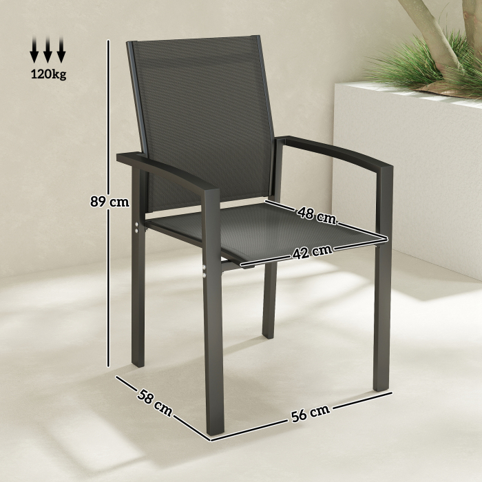  Set 2 Scaune de Gradina Stivuibile cu sezut Respirabil, din Aluminiu si Textilen, 56x58x89 cm, Gri Carbune [3]