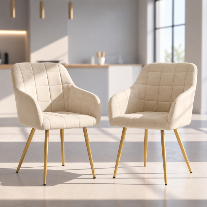 Set 2 scaune dining tapitate cu velur Luxano, cusaturi patrate, picioare aurii, 54x58x82 cm, bej [11]