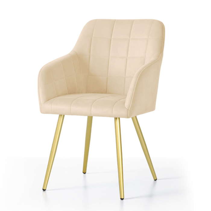 Set 2 scaune dining tapitate cu velur Luxano, cusaturi patrate, picioare aurii, 54x58x82 cm, bej [2]