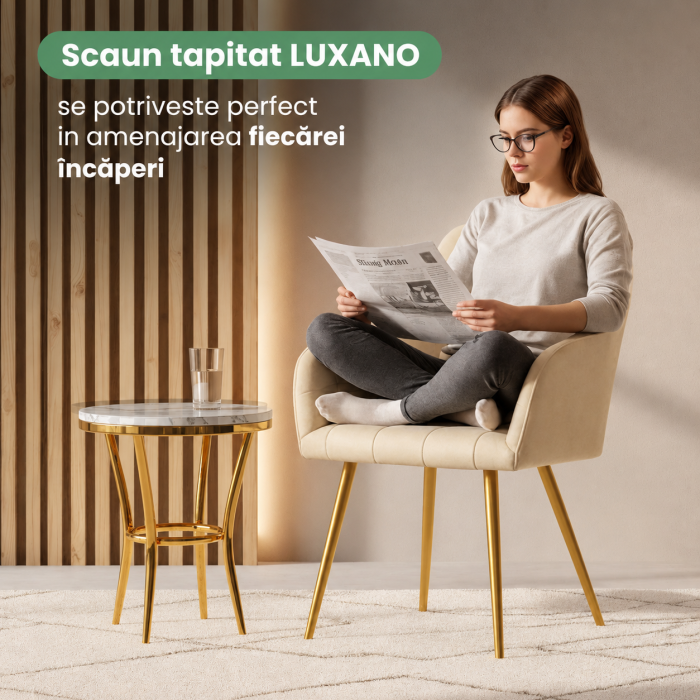 Set 2 scaune dining tapitate cu velur Luxano, cusaturi patrate, picioare aurii, 54x58x82 cm, bej [5]