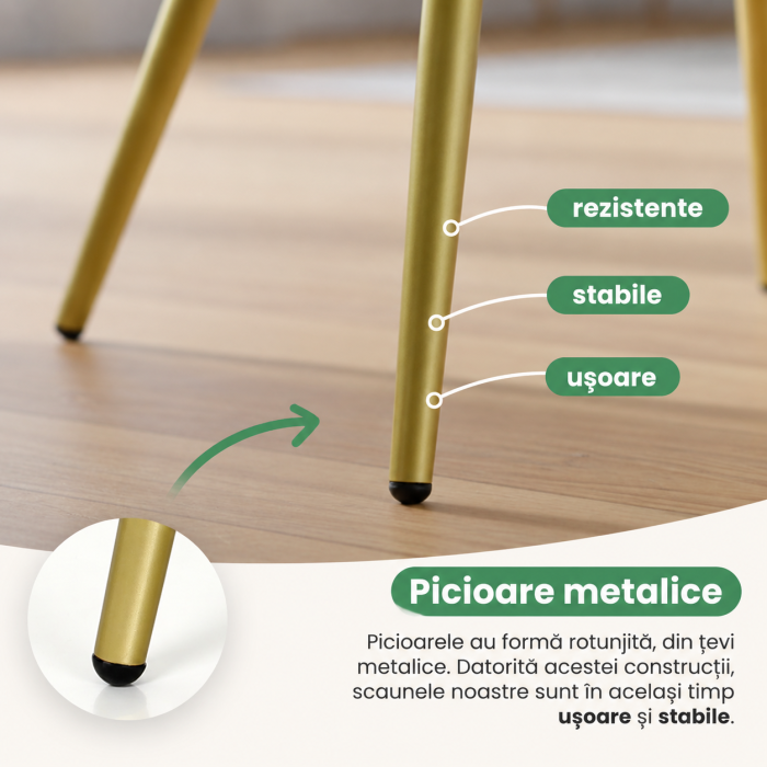 Set 2 scaune dining tapitate cu velur Luxano, cusaturi patrate, picioare aurii, 54x58x82 cm, bej [9]