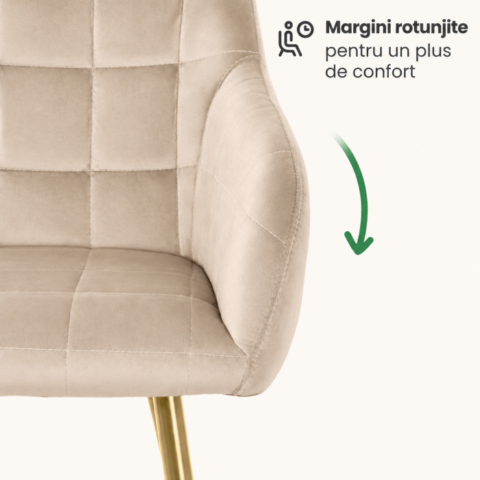 Set 2 scaune dining tapitate cu velur Luxano, cusaturi patrate, picioare aurii, 54x58x82 cm, bej [3]