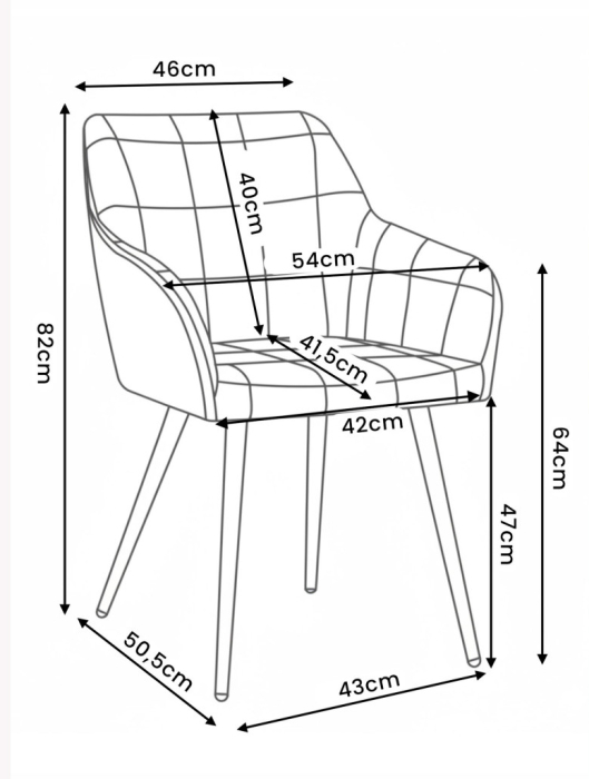 Set 2 scaune dining tapitate cu velur Luxano, cusaturi patrate, picioare aurii, 54x58x82 cm, gri [9]