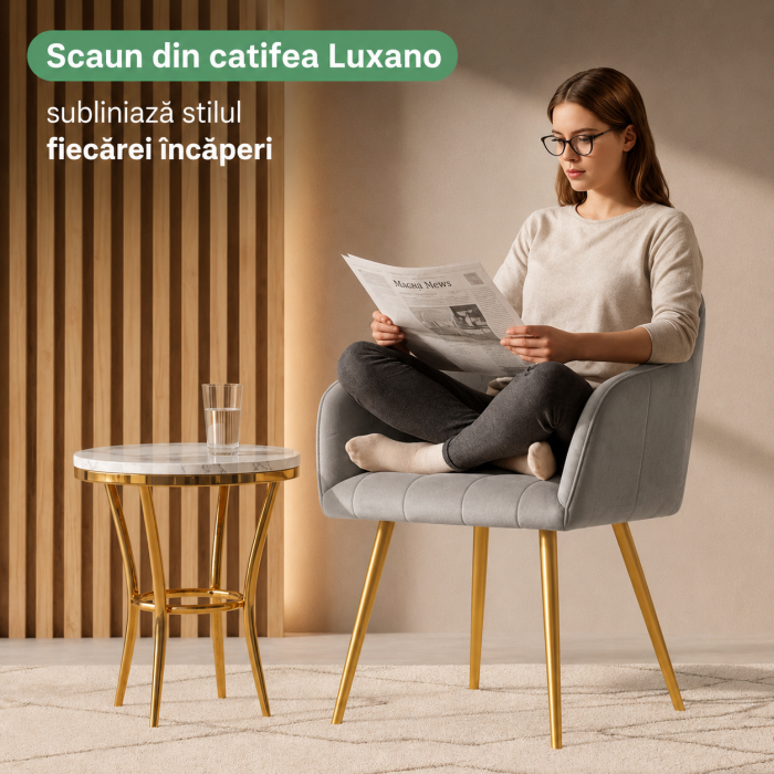 Set 2 scaune dining tapitate cu velur Luxano, cusaturi patrate, picioare aurii, 54x58x82 cm, gri [3]