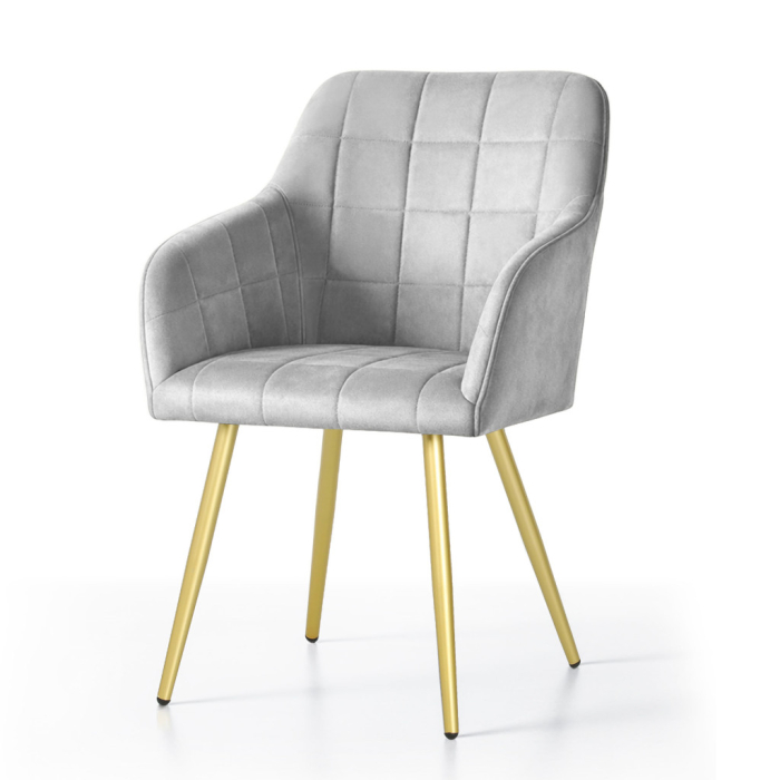 Set 2 scaune dining tapitate cu velur Luxano, cusaturi patrate, picioare aurii, 54x58x82 cm, gri [2]