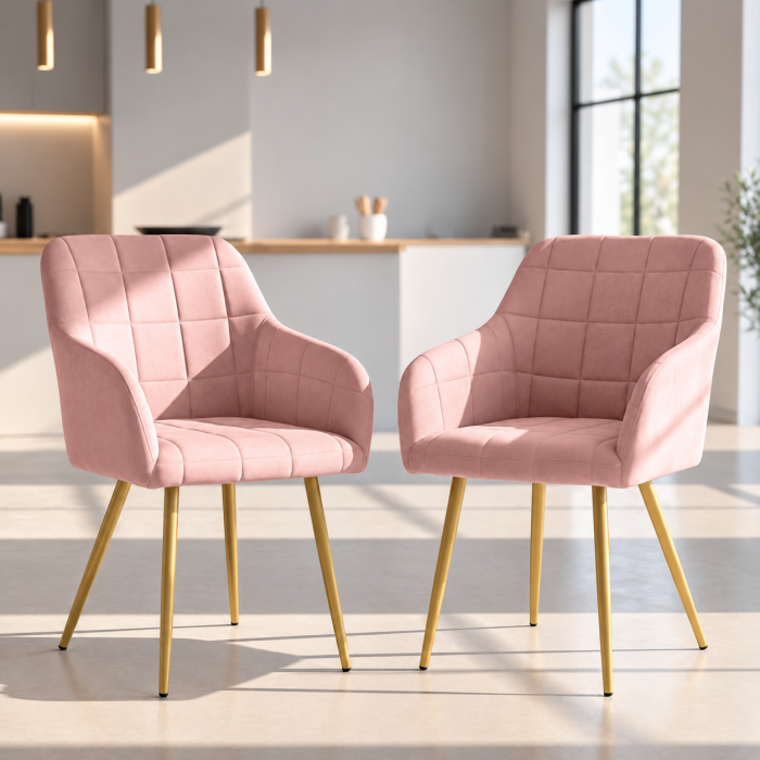 Set 2 scaune dining tapitate cu velur Luxano, cusaturi patrate, picioare aurii, 54x58x82 cm, roz [7]