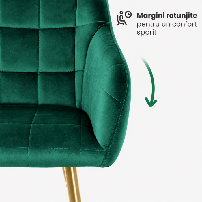 Set 2 scaune dining tapitate cu velur Luxano, cusaturi patrate, picioare aurii, 54x58x82 cm, verde [9]