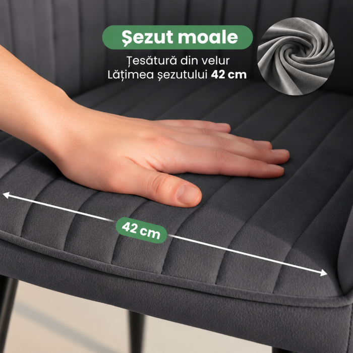 Set 2 scaune dining tapitate din velur Florence, 55x58x82 cm, maxim 120 kg, gri grafit [7]