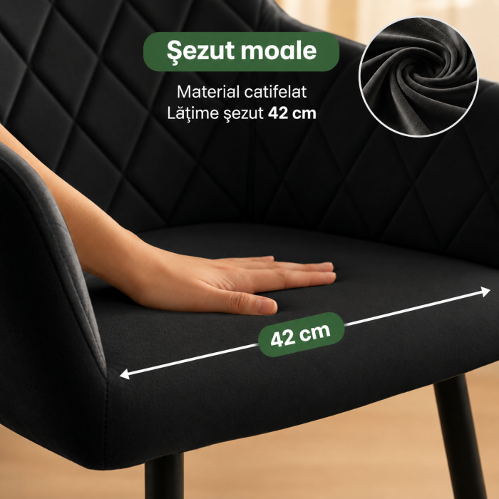 Set 2 scaune dining tapitate Velto, catifea, matlasate cu romburi, 52x58x82 cm, maxim 120 kg, negru [5]