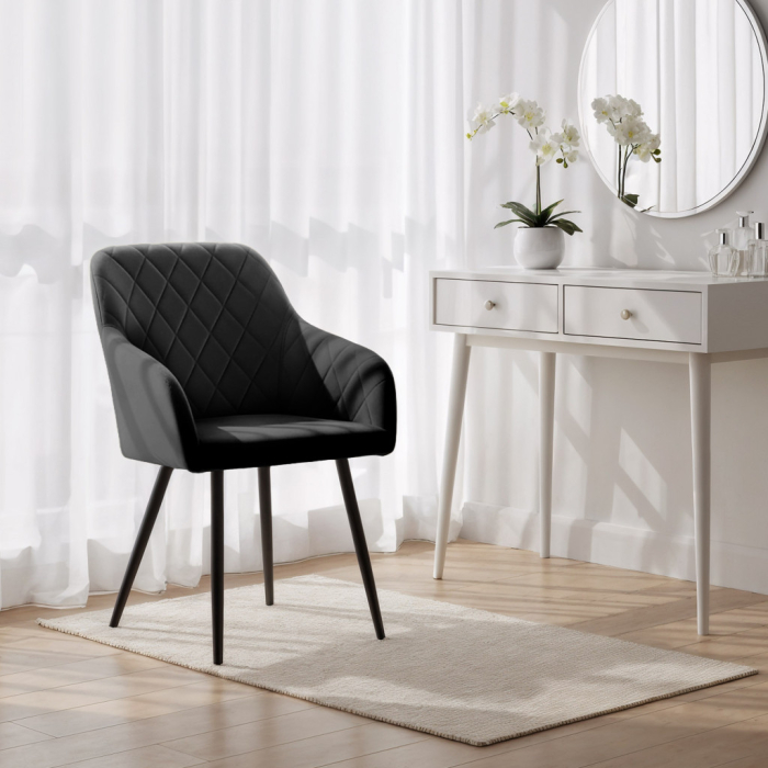 Set 2 scaune dining tapitate Velto, catifea, matlasate cu romburi, 52x58x82 cm, maxim 120 kg, negru [11]