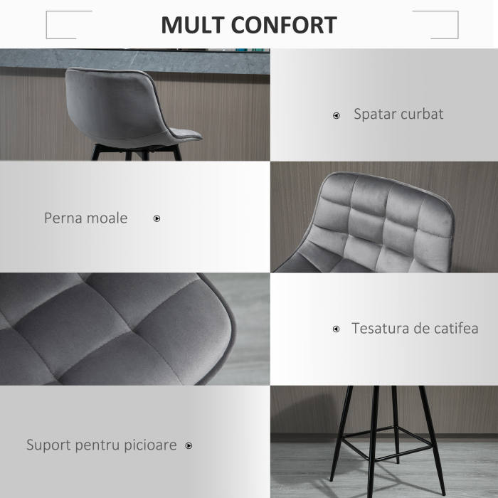  Set 2 Scaune inalte in Stil Nordic cu Spatar si Suport pentru Picioare, 45x47x88 cm, Gri [5]