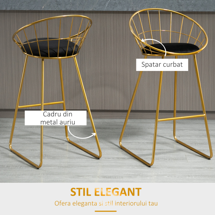 Set 2 Scaune Inalte, Suport pentru picioare, Perna de catifea, Poliester/Metal, 52.5x47x97cm, Negru/Auriu [4]