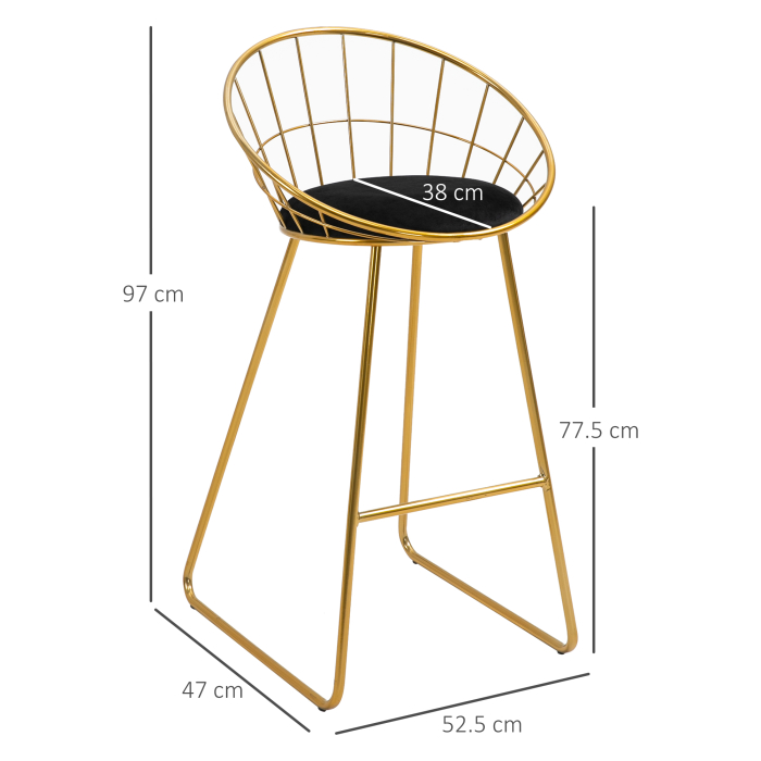  Set 2 Scaune Inalte, Suport pentru picioare, Perna de catifea, Poliester/Metal, 52.5x47x97cm, Negru/Auriu [3]