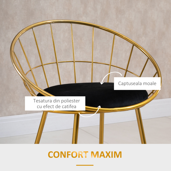  Set 2 Scaune Inalte, Suport pentru picioare, Perna de catifea, Poliester/Metal, 52.5x47x97cm, Negru/Auriu [6]