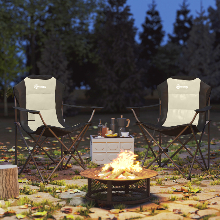  Set 2 Scaune Pliabile de Camping cu Suport Pahar si Genti Crem [2]