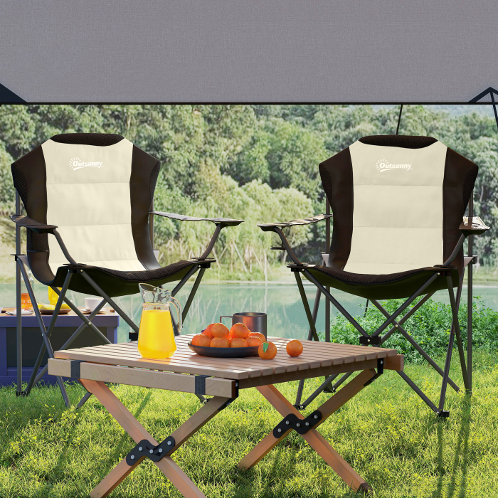  Set 2 Scaune Pliabile de Camping cu Suport Pahar si Genti Crem [8]
