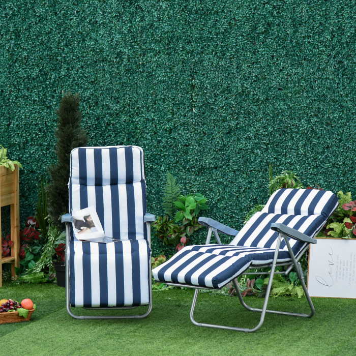  Set 2 Scaune sezlong de Gradina, cu Captuseala cu Brate Reclinabile, alb si albastru [2]