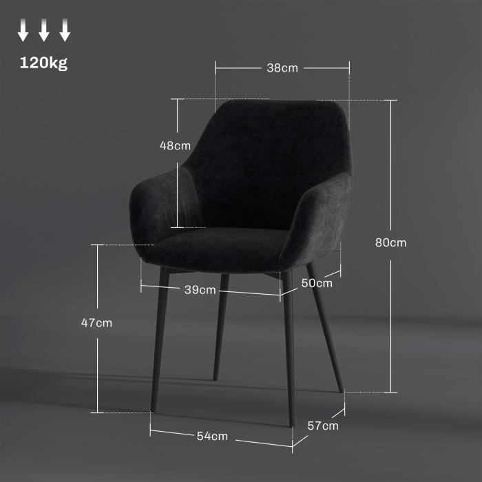  Set 2 Scaune Tapitate in Stil Nordic cu Brate si Picioare din Otel pentru Sufragerie, 54x57x80 cm, Negru [3]