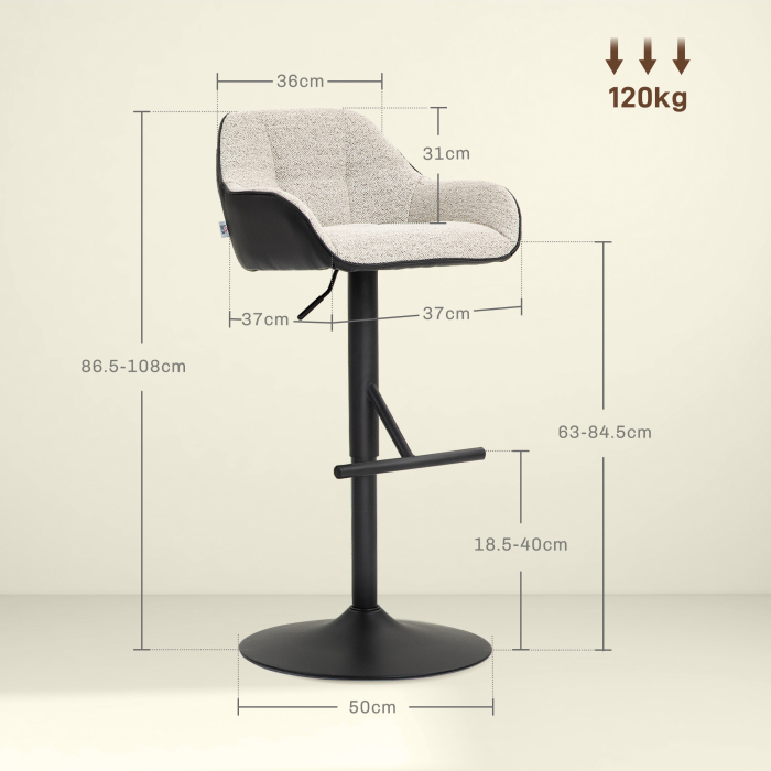  Set 2 Scaune Tapitate Reglabile pe inaltime cu Spatar si Brate, 52,5x53x86,5-108 cm, Negru si Gri Deschis [3]