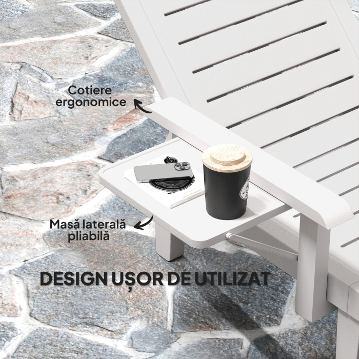  Set 2 sezlonguri cu Spatar Reglabil in 5 Pozitii, Masuta si Brate Ergonomice, 79x158x88 cm, Alb [5]
