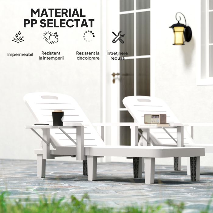  Set 2 sezlonguri cu Spatar Reglabil in 5 Pozitii, Masuta si Brate Ergonomice, 79x158x88 cm, Alb [6]