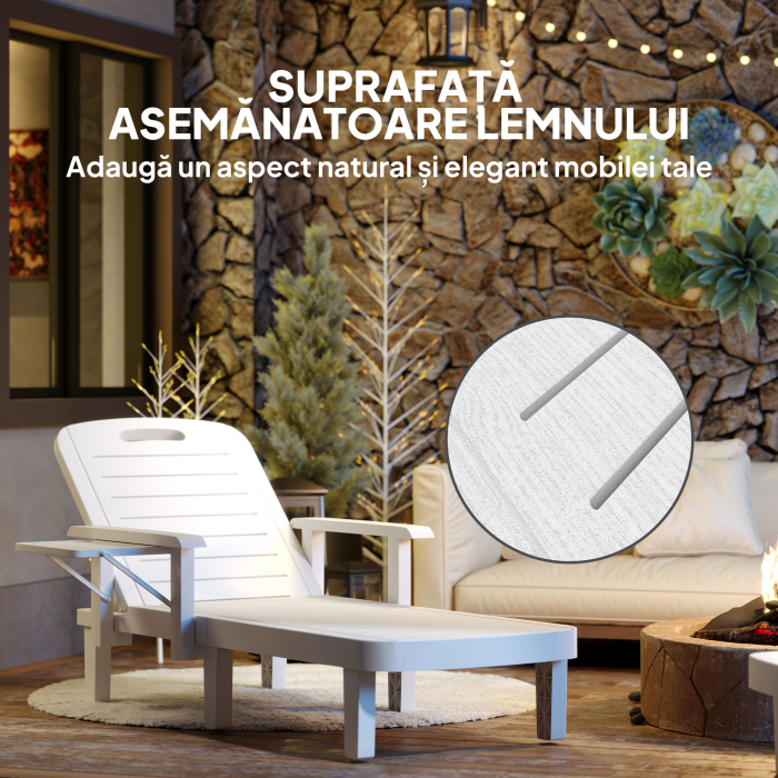  Set 2 sezlonguri cu Spatar Reglabil in 5 Pozitii, Masuta si Brate Ergonomice, 79x158x88 cm, Alb [7]