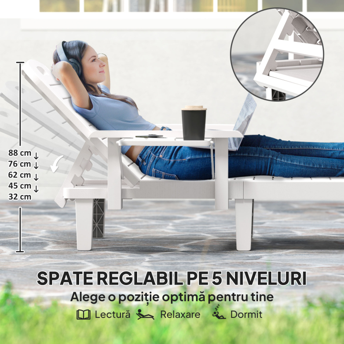  Set 2 sezlonguri cu Spatar Reglabil in 5 Pozitii, Masuta si Brate Ergonomice, 79x158x88 cm, Alb [4]