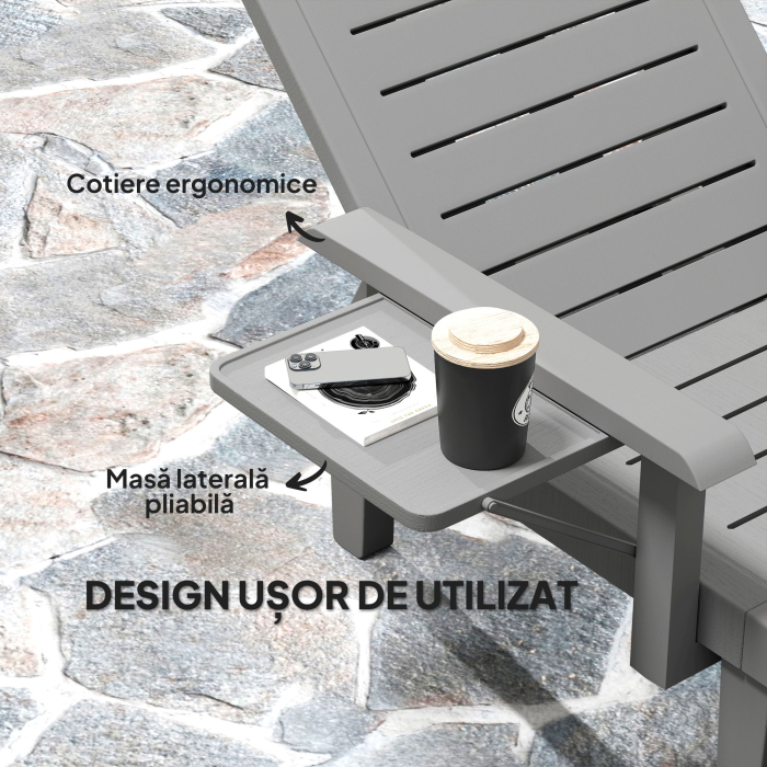  Set 2 sezlonguri cu Spatar Reglabil in 5 Pozitii, Masuta si Brate Ergonomice, 79x158x88 cm, Gri [5]