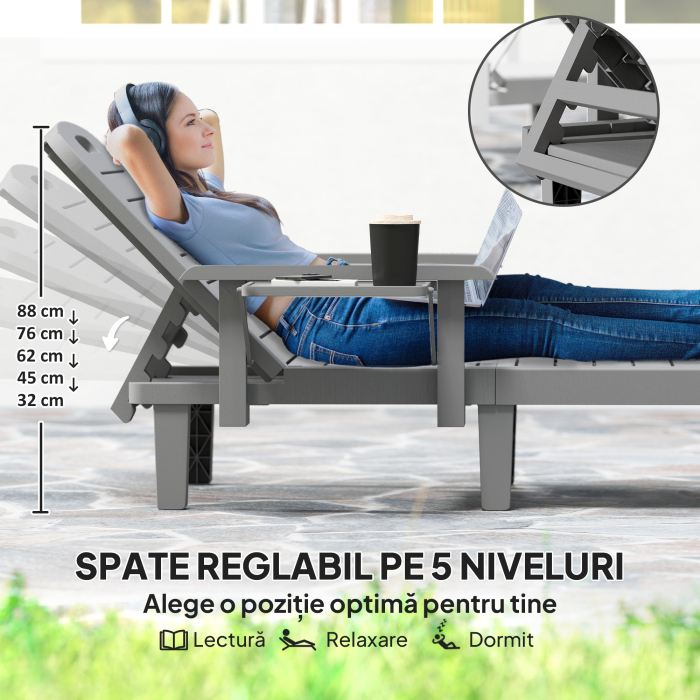  Set 2 sezlonguri cu Spatar Reglabil in 5 Pozitii, Masuta si Brate Ergonomice, 79x158x88 cm, Gri [4]